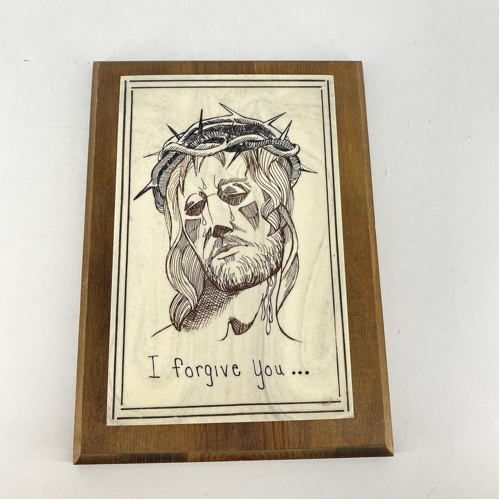 Vintage Jesus Christ Marble-Look Wall Plaque “I Forgive You” Wood Frame 10x7